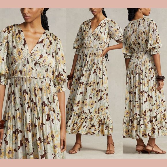 NWT $698 POLO RALPH LAUREN [ 4 ] Floral Pleated Satin Dress in Buttercup‎ Cream - Picture 1 of 5